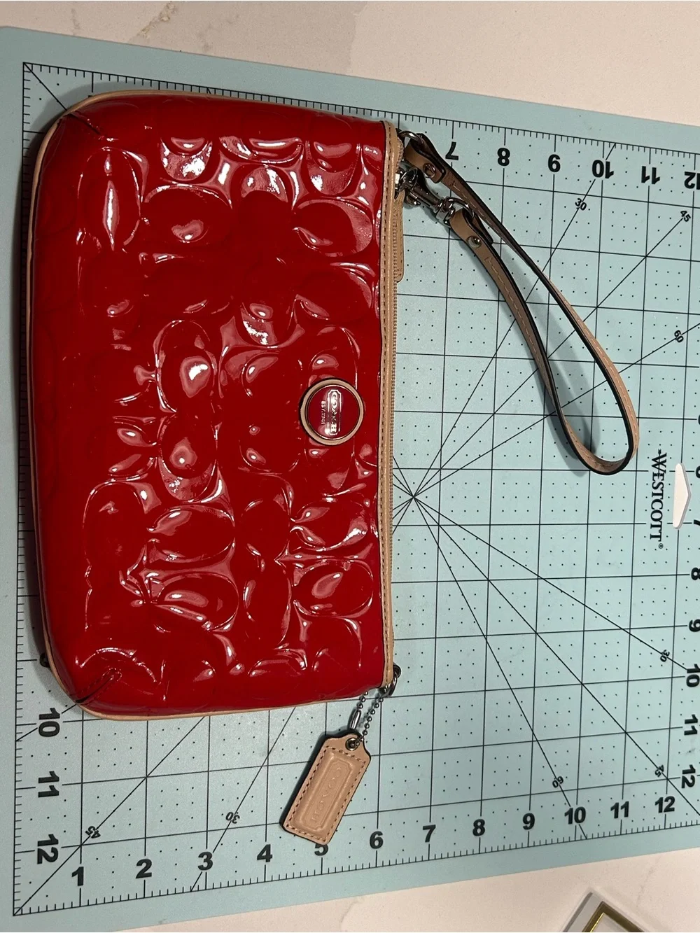 Coach Red Patent Wristlet with Beige Trim